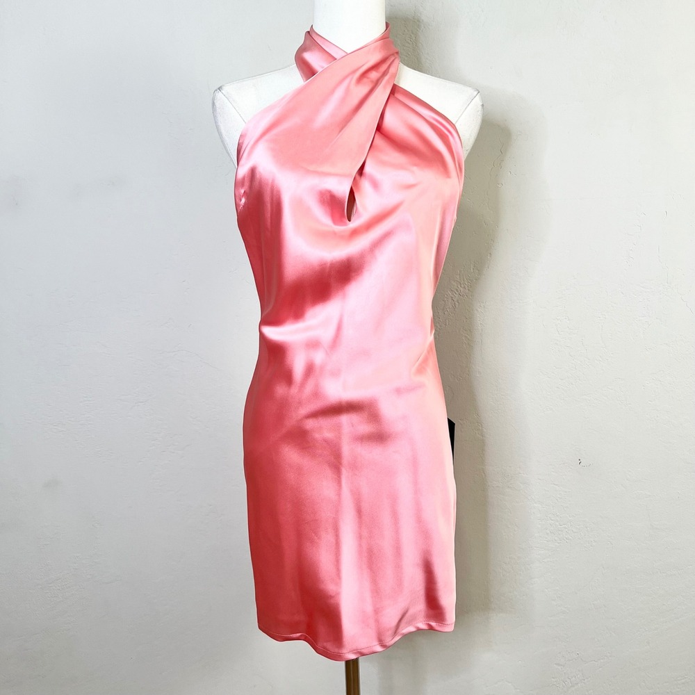 Lulus Dress Satin Halter Mini Size XS Pink Sleeveless Backless Beyond Classy NEW